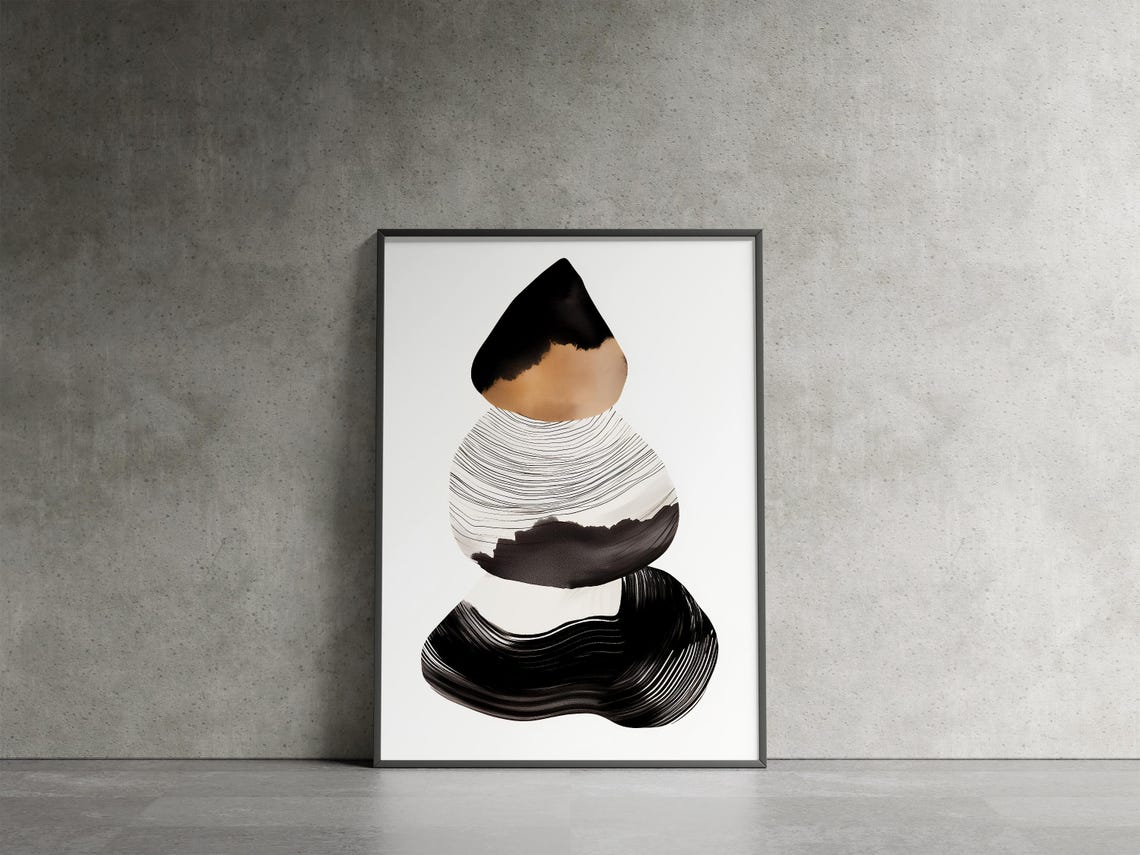 Stacked Abstract Stone Cairn Black White Brown Minimalist Poster