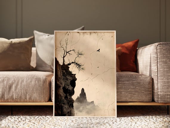 Minimalist Zen Cliff Tree Birds Misty Mountain Ink Poster Calm