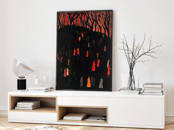 Surreal Night Walk Through Glowing Red Forest Dark Figures Poster