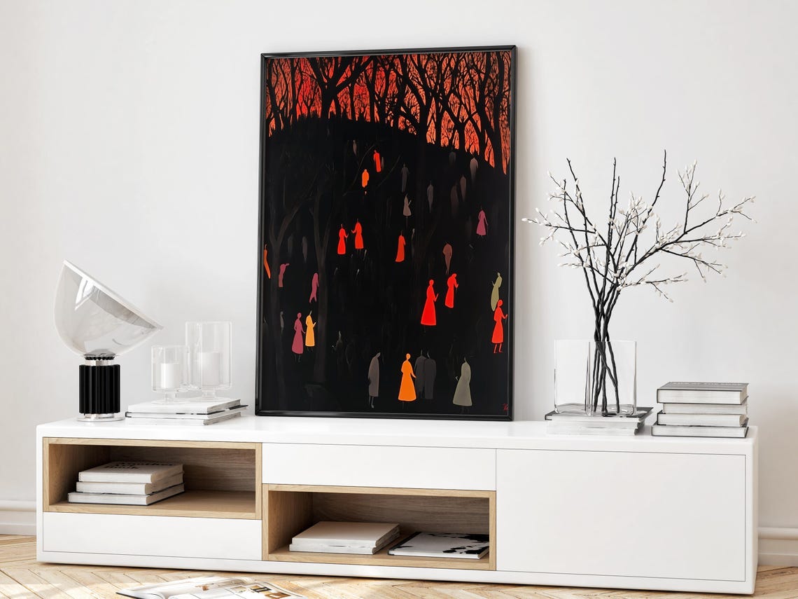 Surreal Night Walk Through Glowing Red Forest Dark Figures Poster