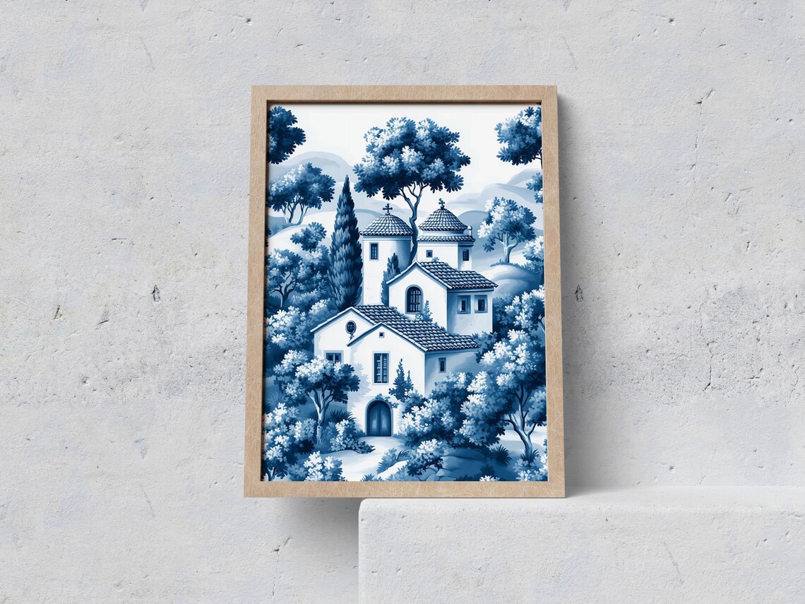 Chinoiserie Blue and White Villa Landscape Oriental Poster Art