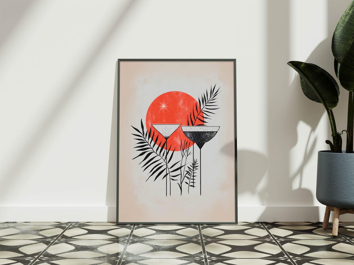 Japandi Botanical Red Sun Palm Fronds Wabi Sabi Minimalist Art Poster