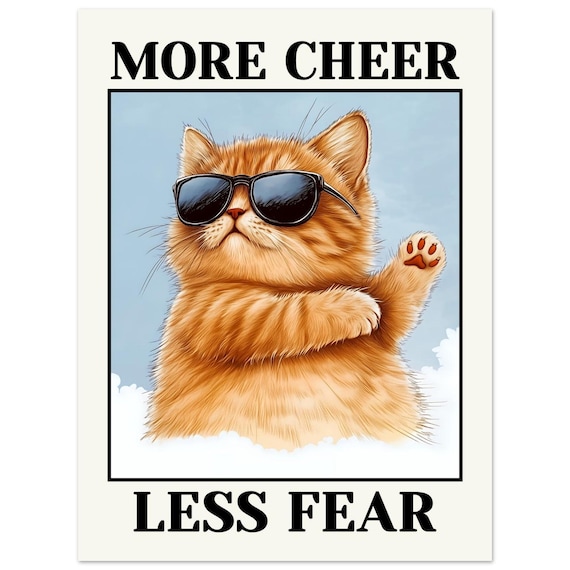 Cool Cat in Sunglasses More Cheer Less Fear Trendy Quote Poster
