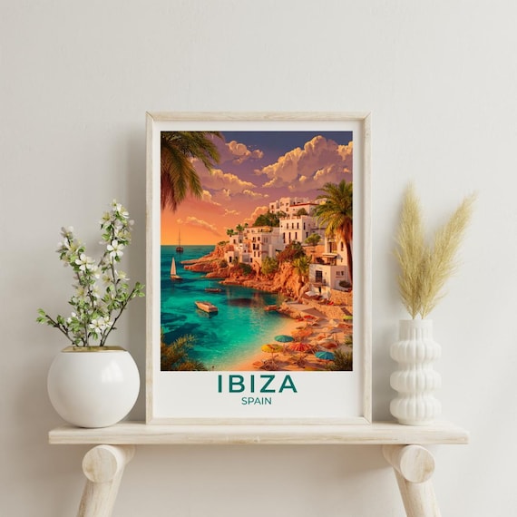 Ibiza Spain Vintage Mediterranean Beach Sunset Travel Poster