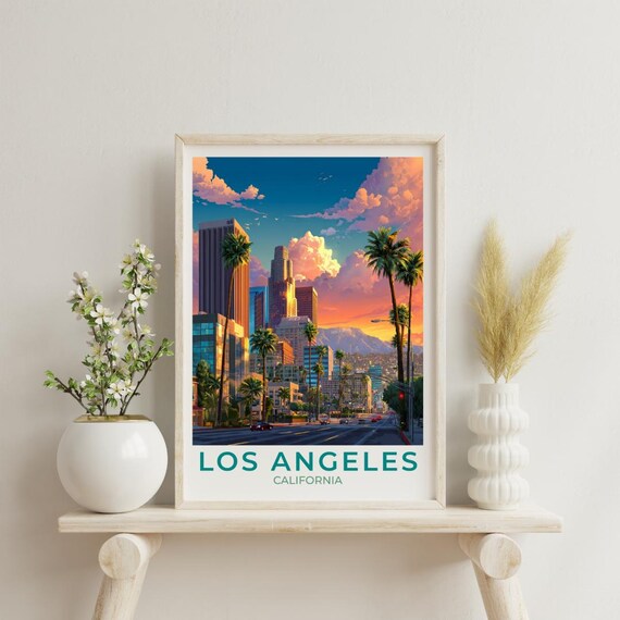 Los Angeles California Downtown Skyline Sunset Travel Poster