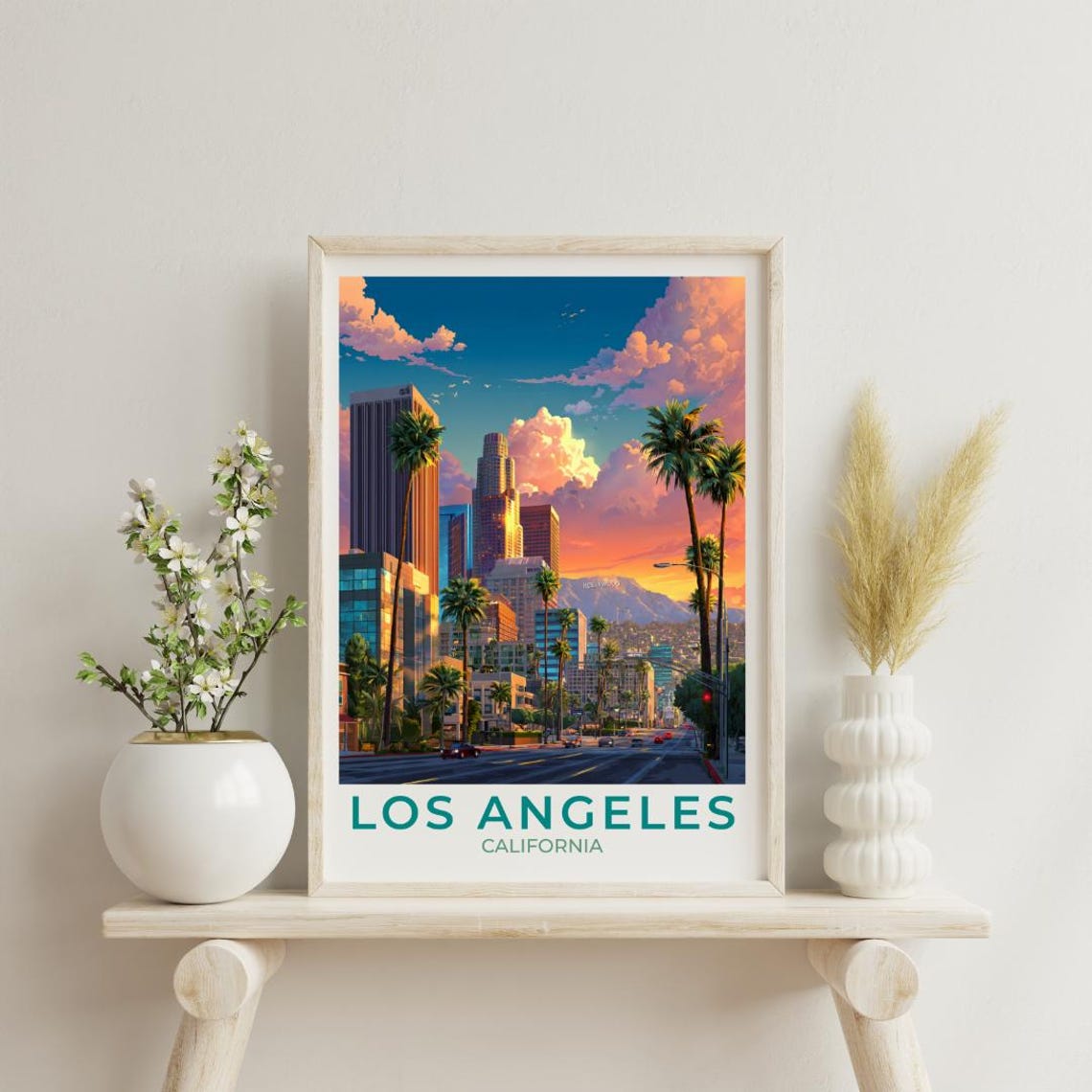 Los Angeles California Downtown Skyline Sunset Travel Poster