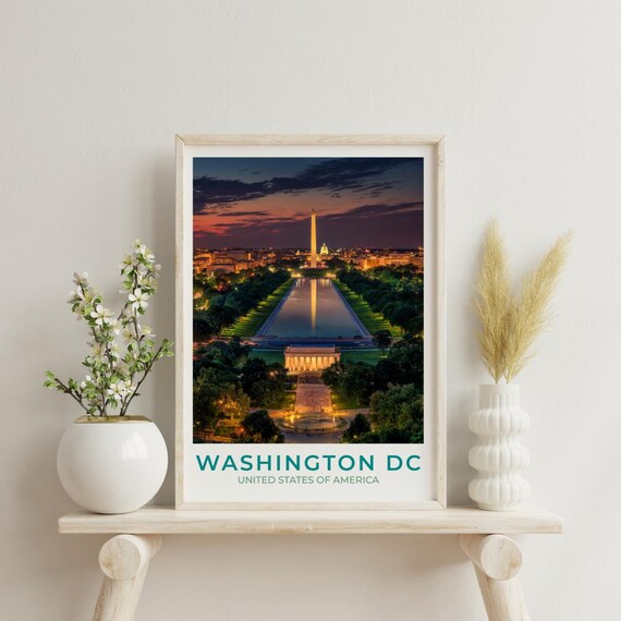 Washington DC Night Monument Travel Poster Capitol City Skyline View