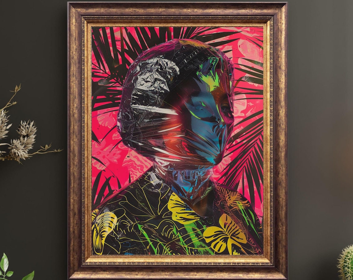 Neon Noir Woman Glossy Swirl Tropical Palm Leaves Art Poster