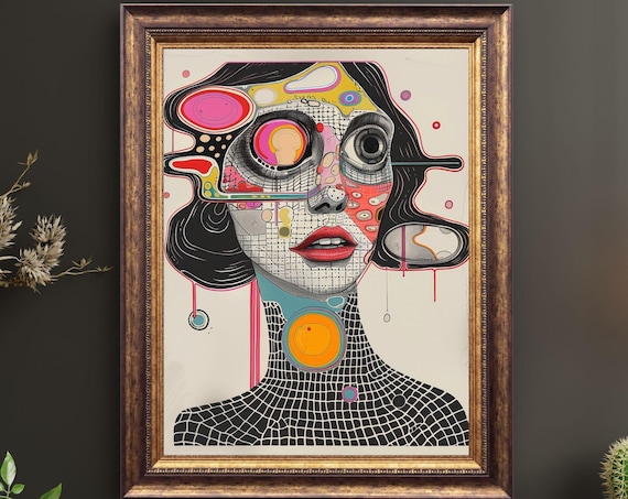Surreal Pop Portrait Grid Pattern Bold Color Psychedelic Woman Art Poster