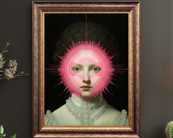 Green Eyed Woman Pink Spiky Halo Surreal Mystical Art Portrait Print