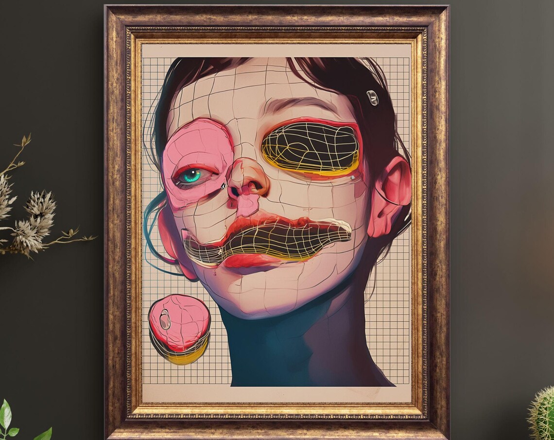Grid Addiction Surreal Face Wireframe Masks Pink Yellow Art Print