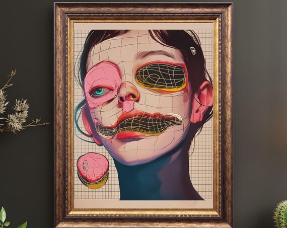 Grid Addiction Surreal Face Wireframe Masks Pink Yellow Art Print