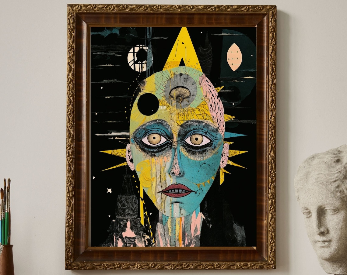 Sun Face Cosmic Abstract Portrait Yellow Teal Dark Style Art Poster