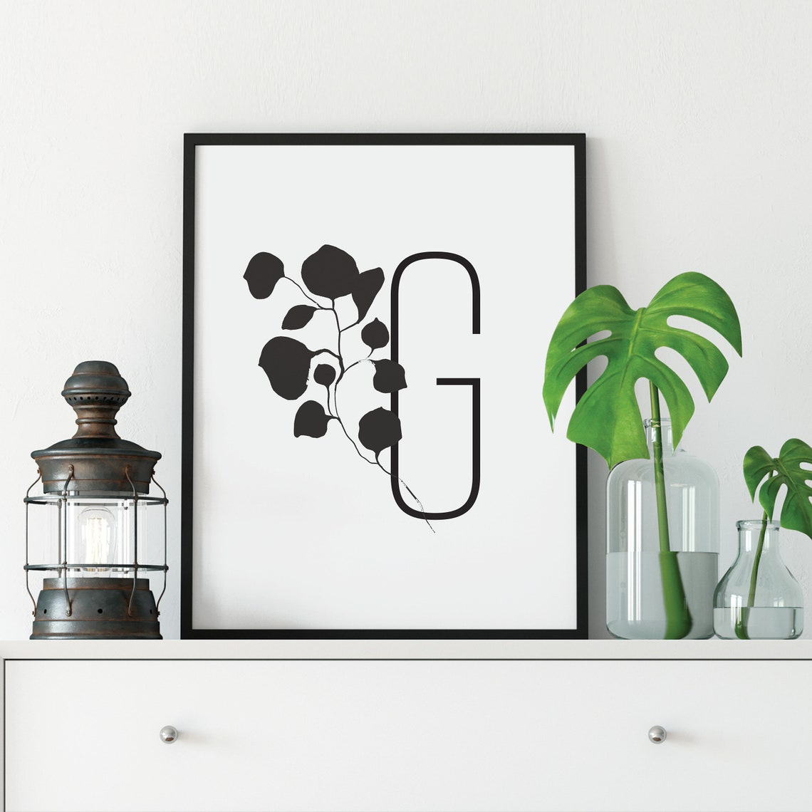 Monogram Letter G Black Eucalyptus Botanical Initial Framed Print