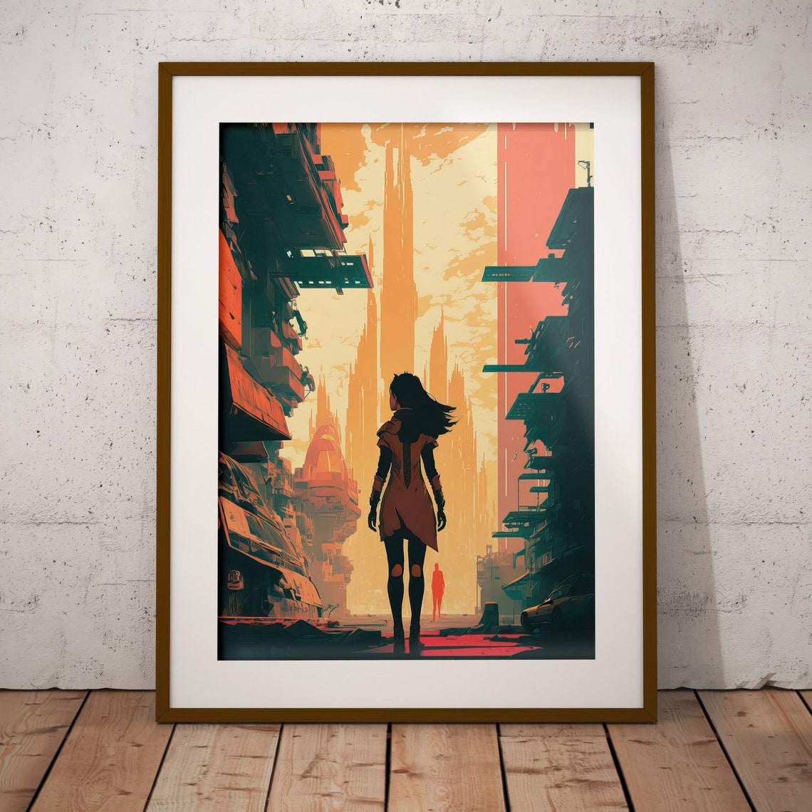 Sci Fi Woman Silhouette Facing a Towering Orange Future City Poster