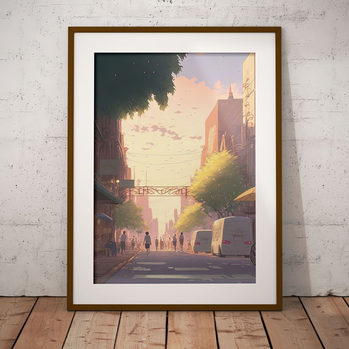 Anime City Street at Golden Hour With Cafe and Warm Sunlight Poster
