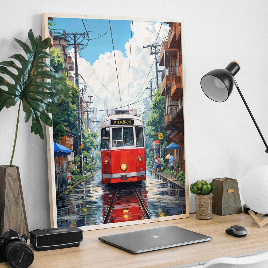 Vintage Red Kyoto Tram Rainy Street Anime Summer Clouds Poster - Image 2