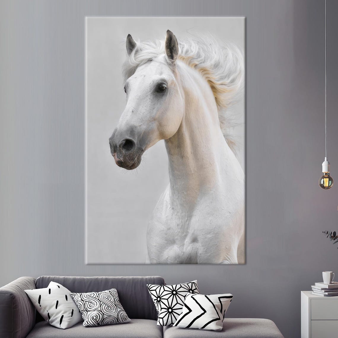 White Horse Portrait Elegant Flowing Mane Equestrian Wall Art