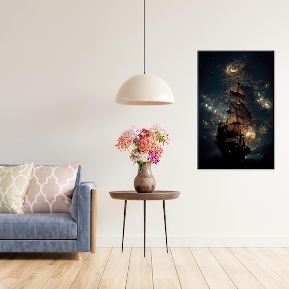 Tall Ship Sailing Under Starry Night Sky Ocean Adventure Poster