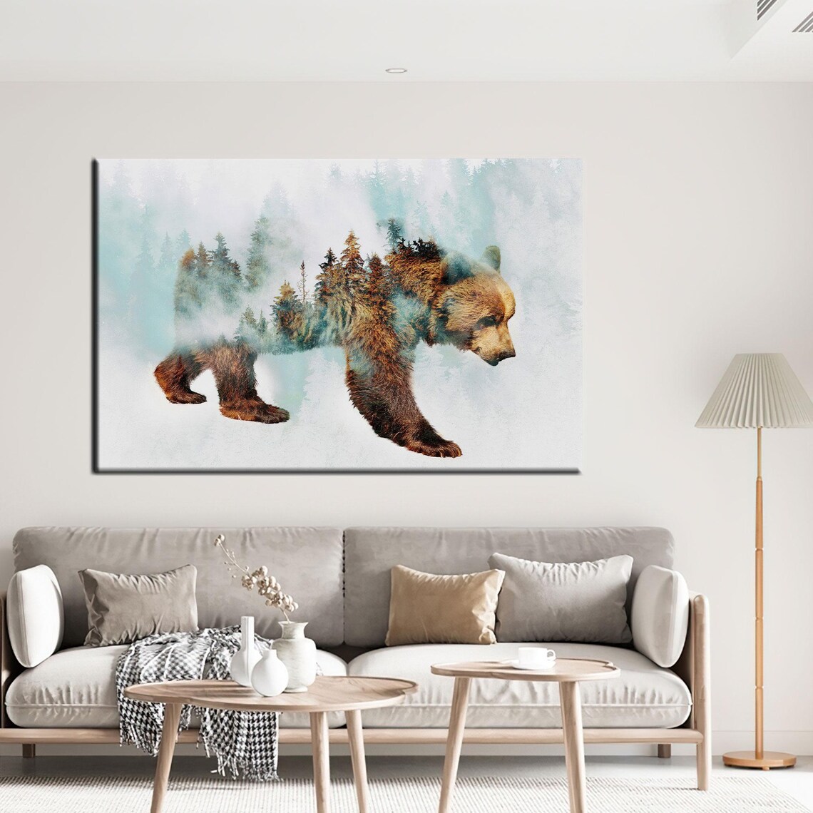 Brown Bear Double Exposure Misty Forest Silhouette Watercolor Art Poster