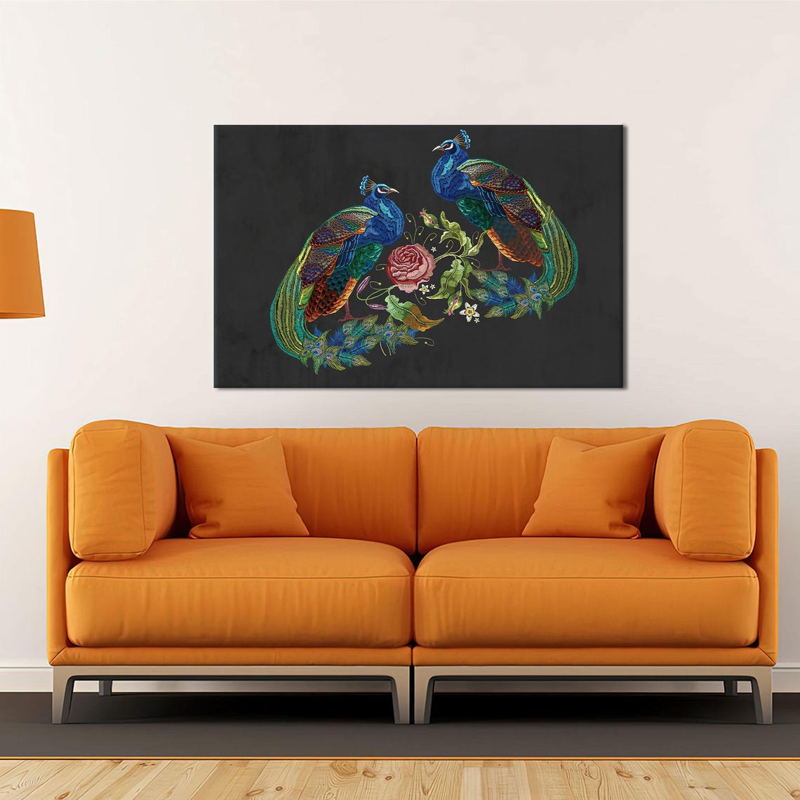 Peacock Pair Embroidered Style Black Background Floral Poster