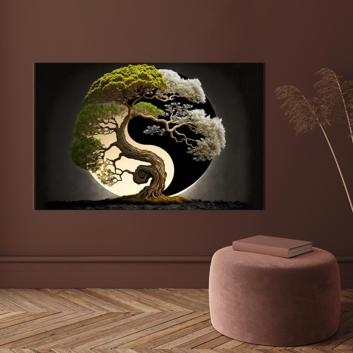Yin Yang Bonsai Tree Green and White Foliage Balance Art Poster