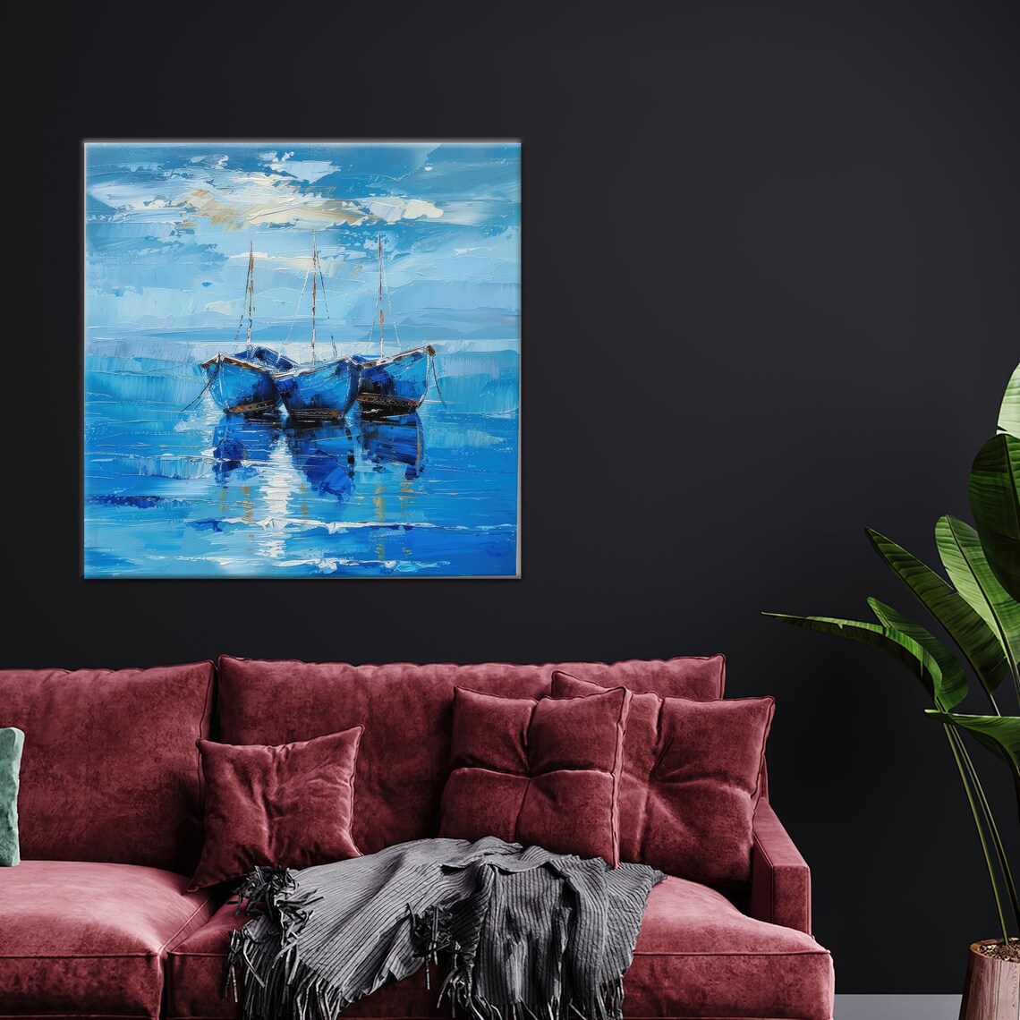 Blue Fishing Boats Calm Sea Impressionist Oil Canvas Wall Art