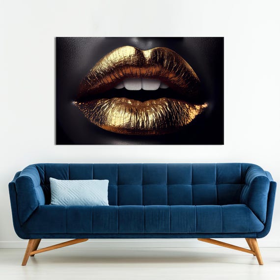Golden Lips Wall Art Modern Glam Decor Contemporary Artwork