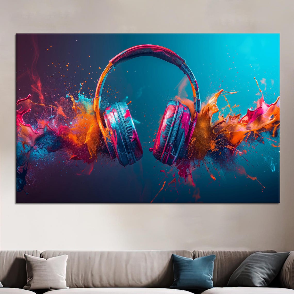 Colorful Headphones Paint Splash Explosion Neon Music Poster