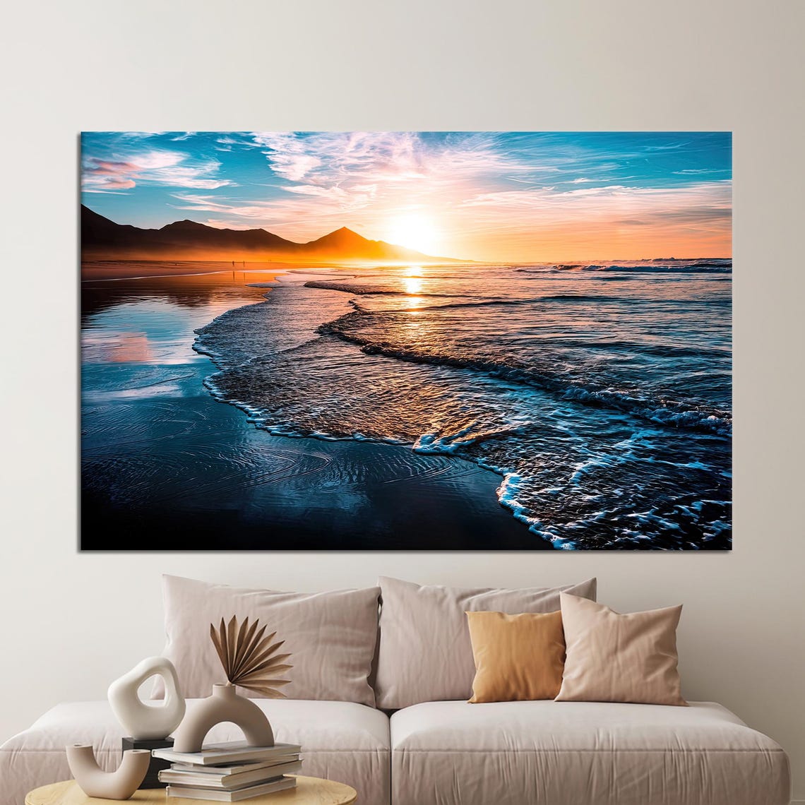 Sunset Ocean Waves Beach Seascape Golden Landscape Photography Print