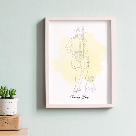 Daily Joy Woman Walking Pug Minimalist Line Illustration Poster