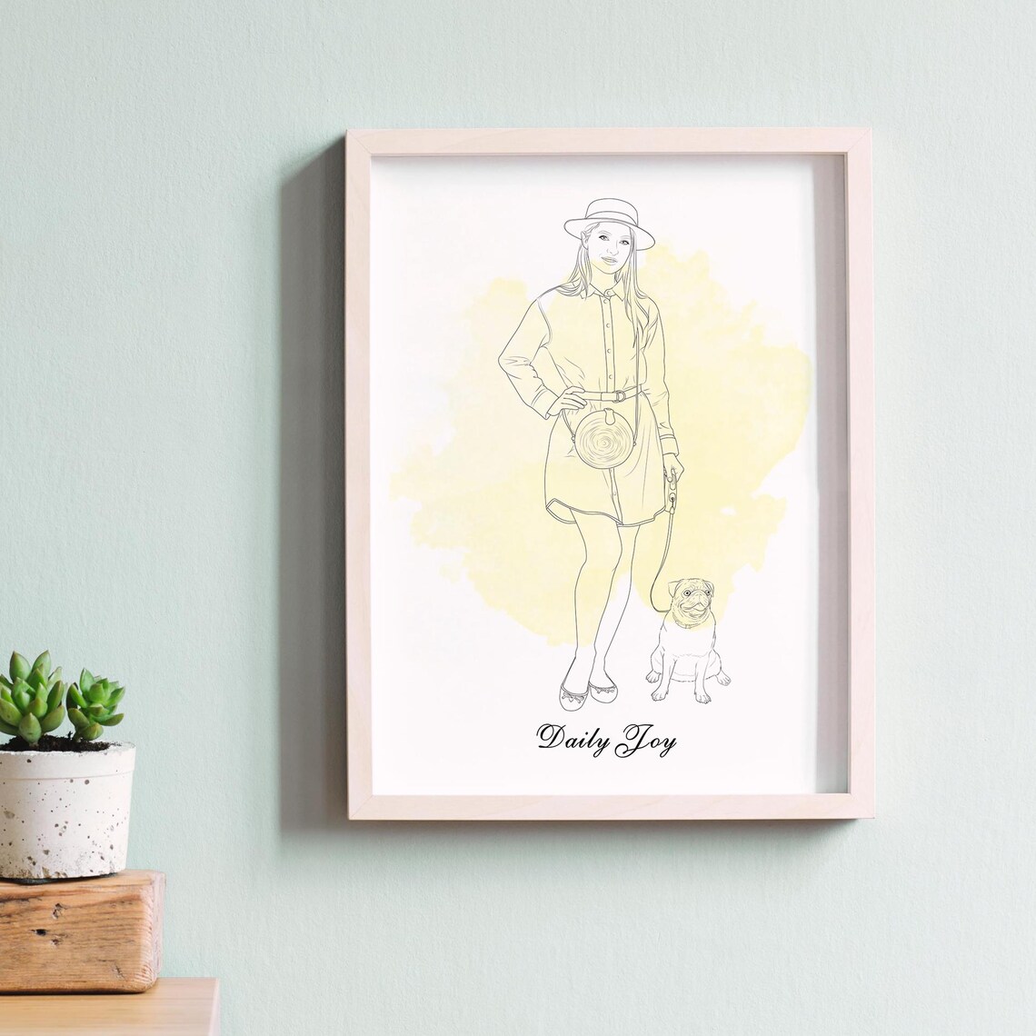 Daily Joy Woman Walking Pug Minimalist Line Illustration Poster