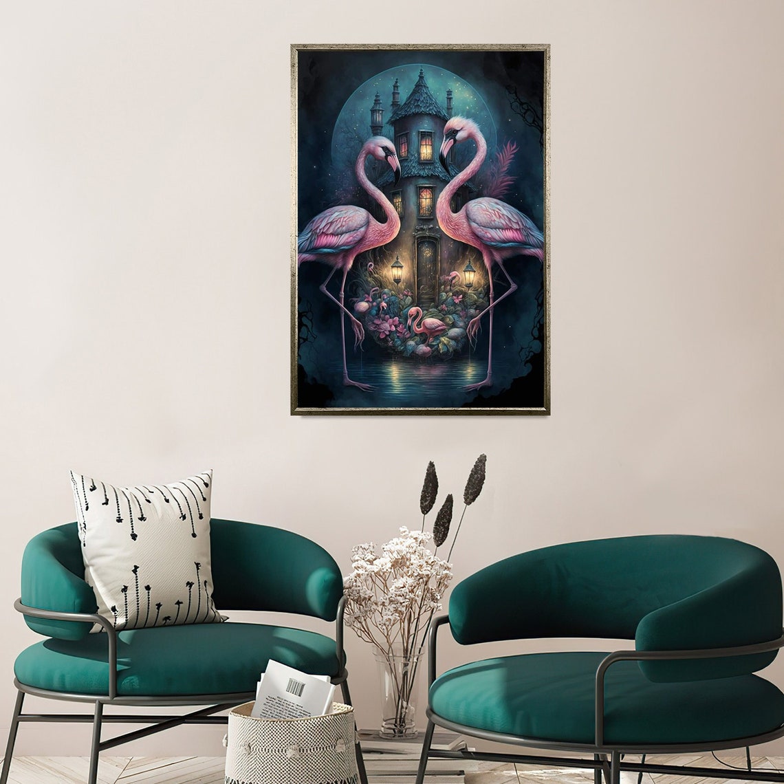 Pink Flamingos Moonlit Castle Lanterns Fantasy Night Scene Art Poster