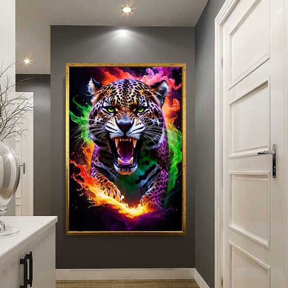 Roaring Leopard Neon Flames Green Eyes Jungle Cat Wall Poster