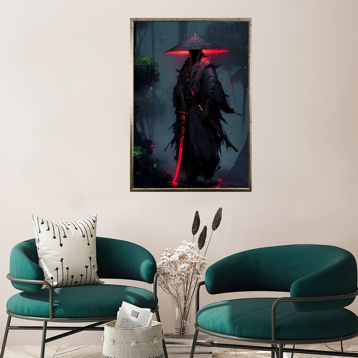 Dark Samurai Warrior Red Katana Misty Forest Gothic Anime Wall Poster
