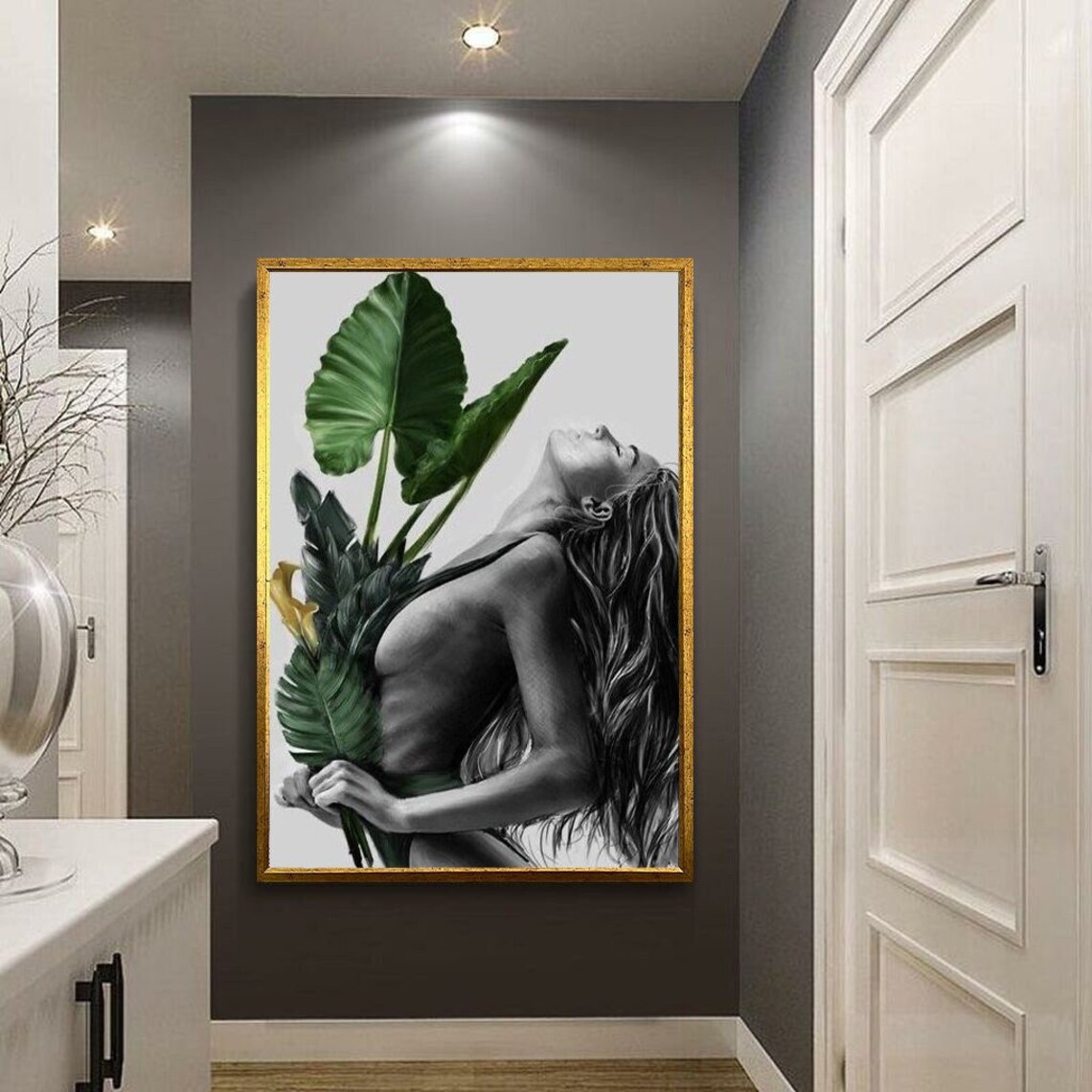 Woman With Tropical Leaves Black White Botanical Elegant Art Poster