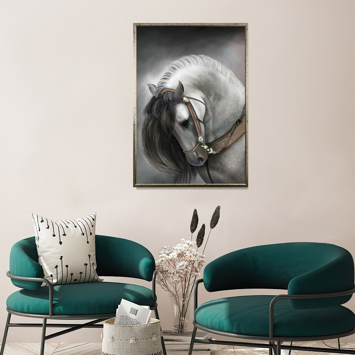 White Horse Head Portrait Dark Flowing Mane Elegant Equine Art Poster