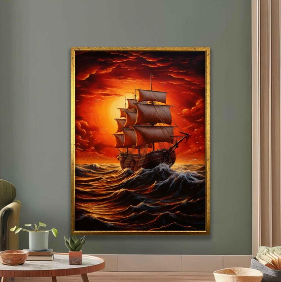 Pirate Galleon Blazing Sunset Dramatic Ocean Sailing Ship Art Poster