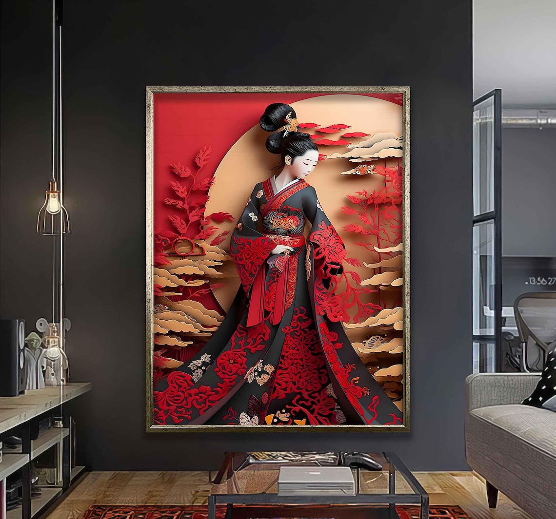 Elegant Japanese Geisha In Red Kimono Papercut Style Floral Art Poster