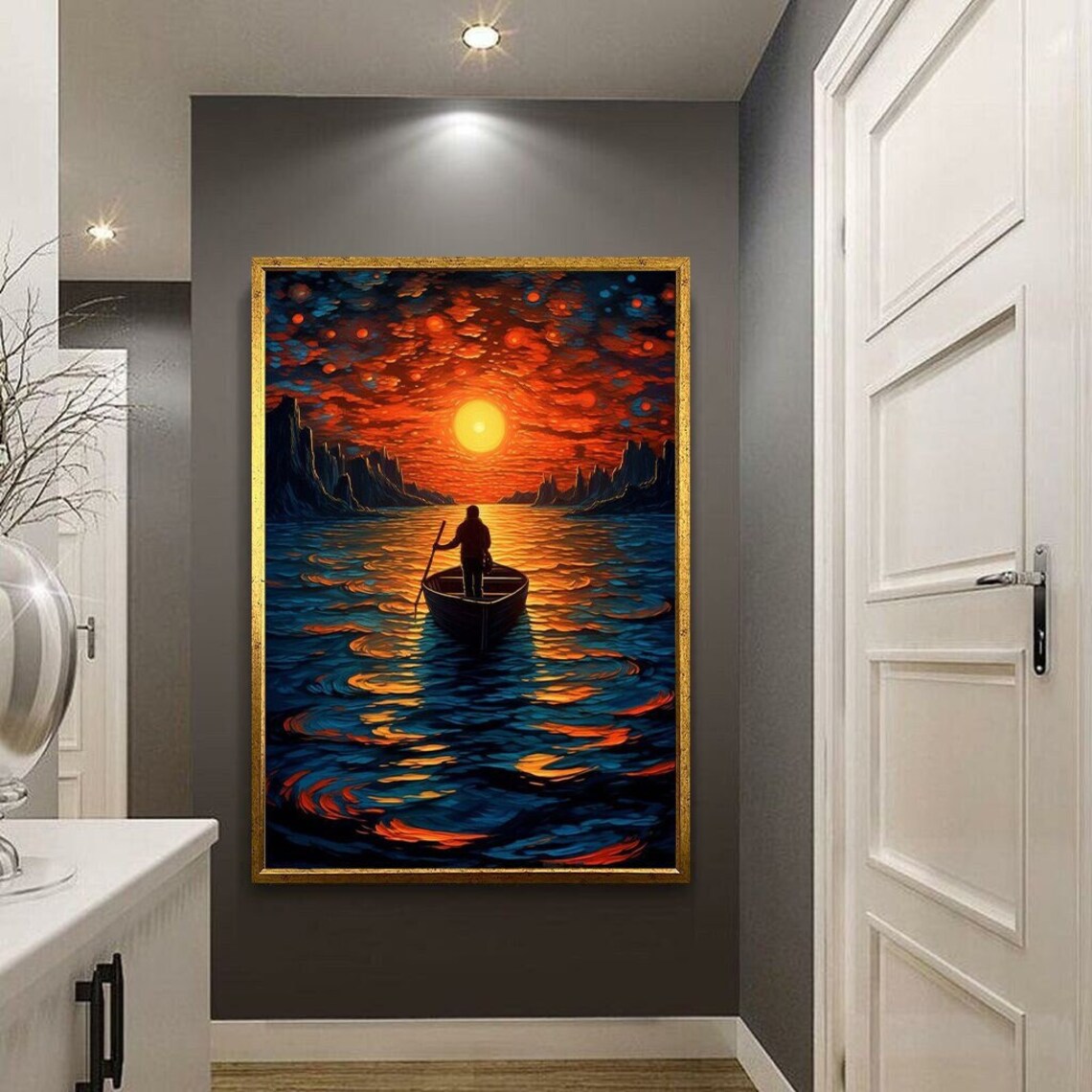 Lone Fisherman Boat Fiery Orange Sunset Blue Waves Seascape Poster