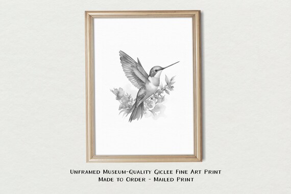 Monochrome Hummingbird Watercolor Gray Floral Bird Wall Art Print