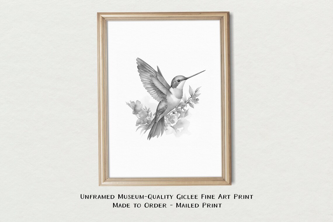 Monochrome Hummingbird Watercolor Gray Floral Bird Wall Art Print