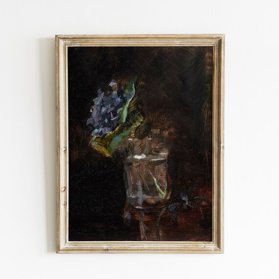 Moody Vintage Flower Print Dark Floral Still Life Oil Painting Antique Wall Art
