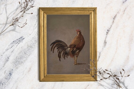 Rooster Portrait Vintage Brown Hen Oil Painting Farmhouse Art Print