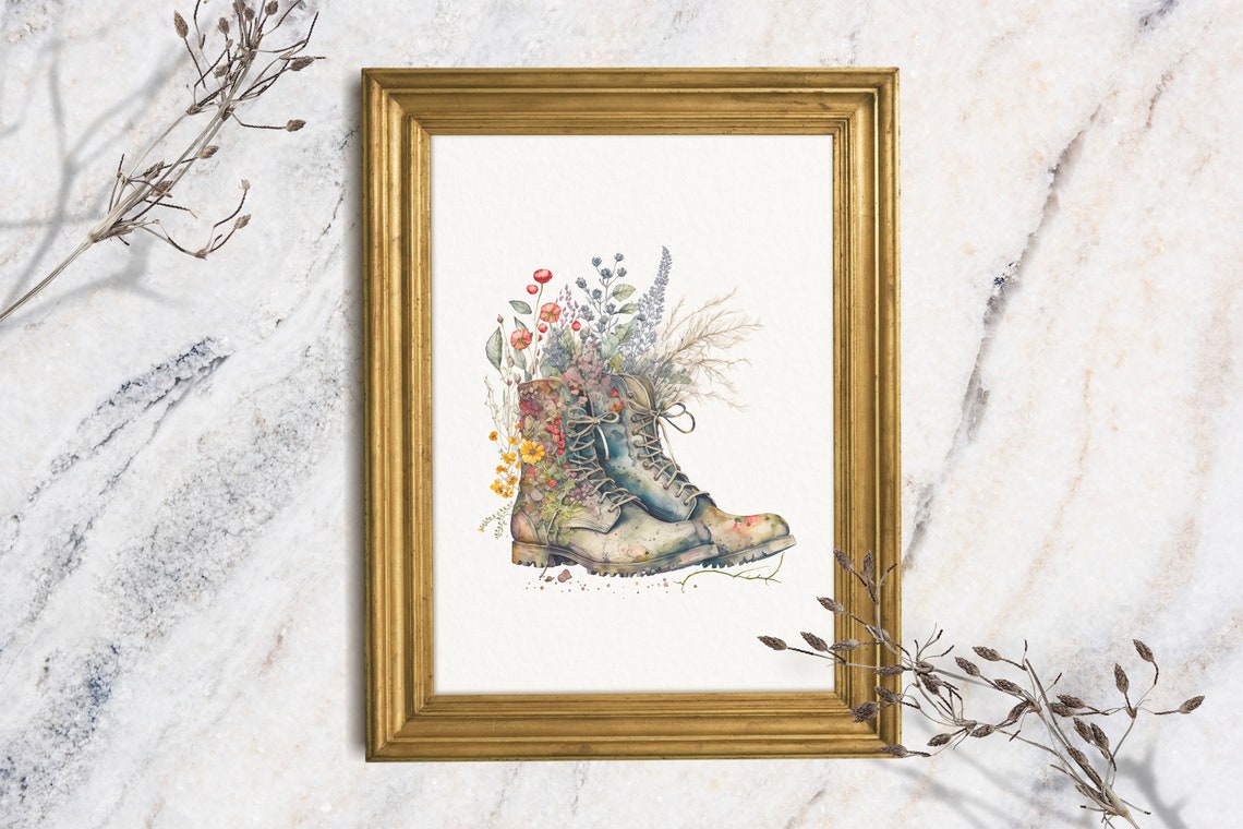 Hiking Boots Watercolor Wildflowers Rustic Outdoor Adventure Art Print