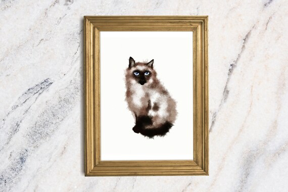 Siamese Cat Watercolor Painting Blue Eyed Feline Pet Portrait Fine Art Print