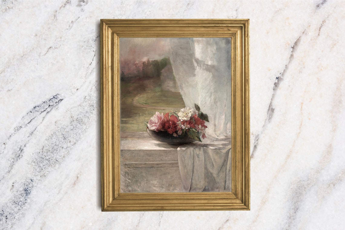 Red And White Roses Bowl Windowsill Moody Vintage Still Life Poster