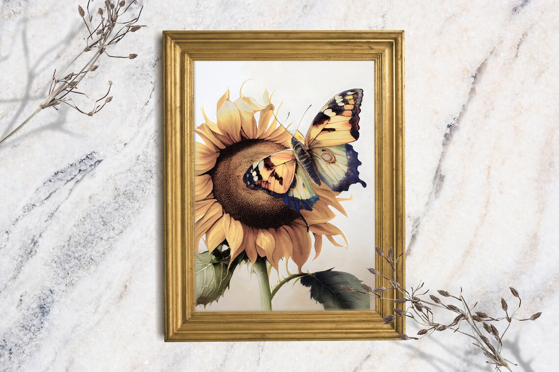 Butterfly on Sunflower Watercolor Painting Girls Nursery Botanical Wall Art