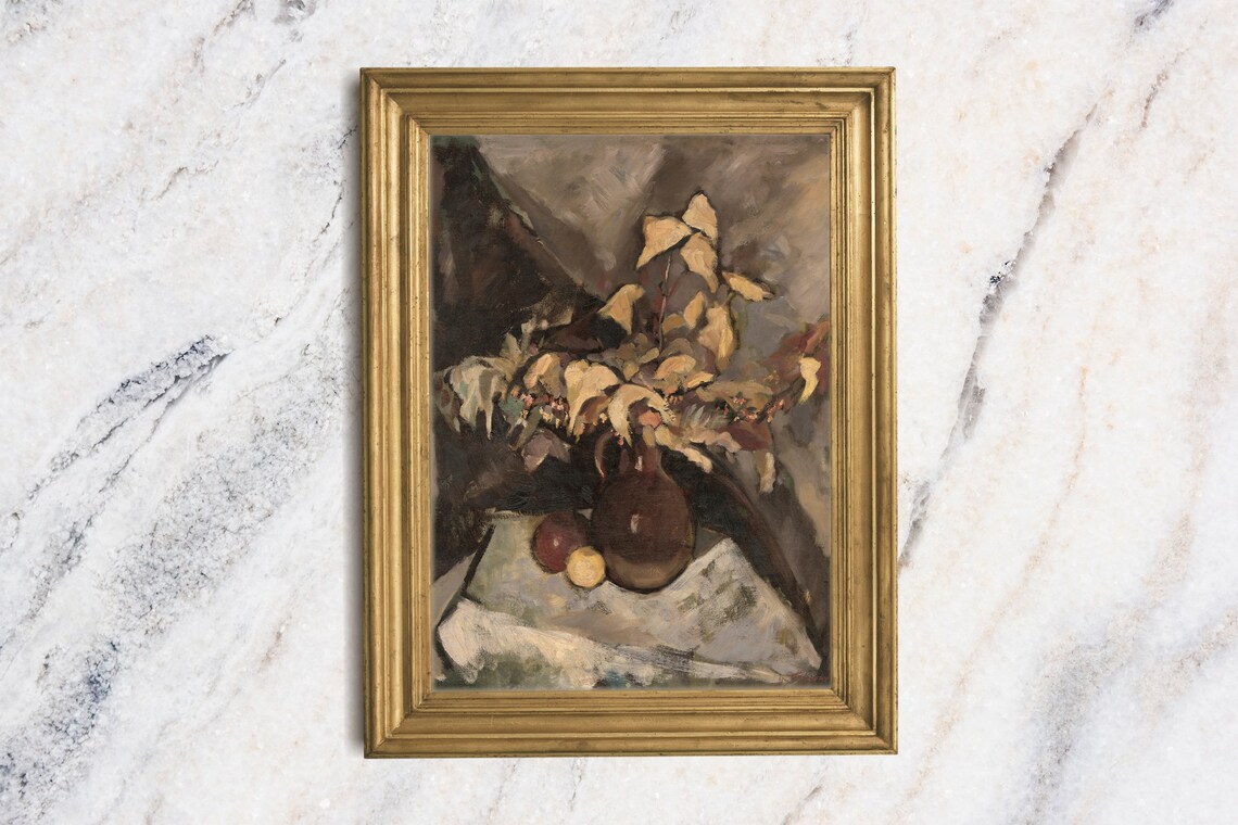 Vintage Muted Still Life Oil Painting Dark Vase Autumn Branches Farmhouse Art