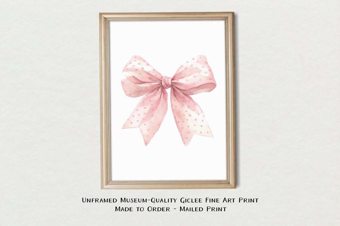 Light Pink Dotted Bow Watercolor Coquette Feminine Nursery Art Print